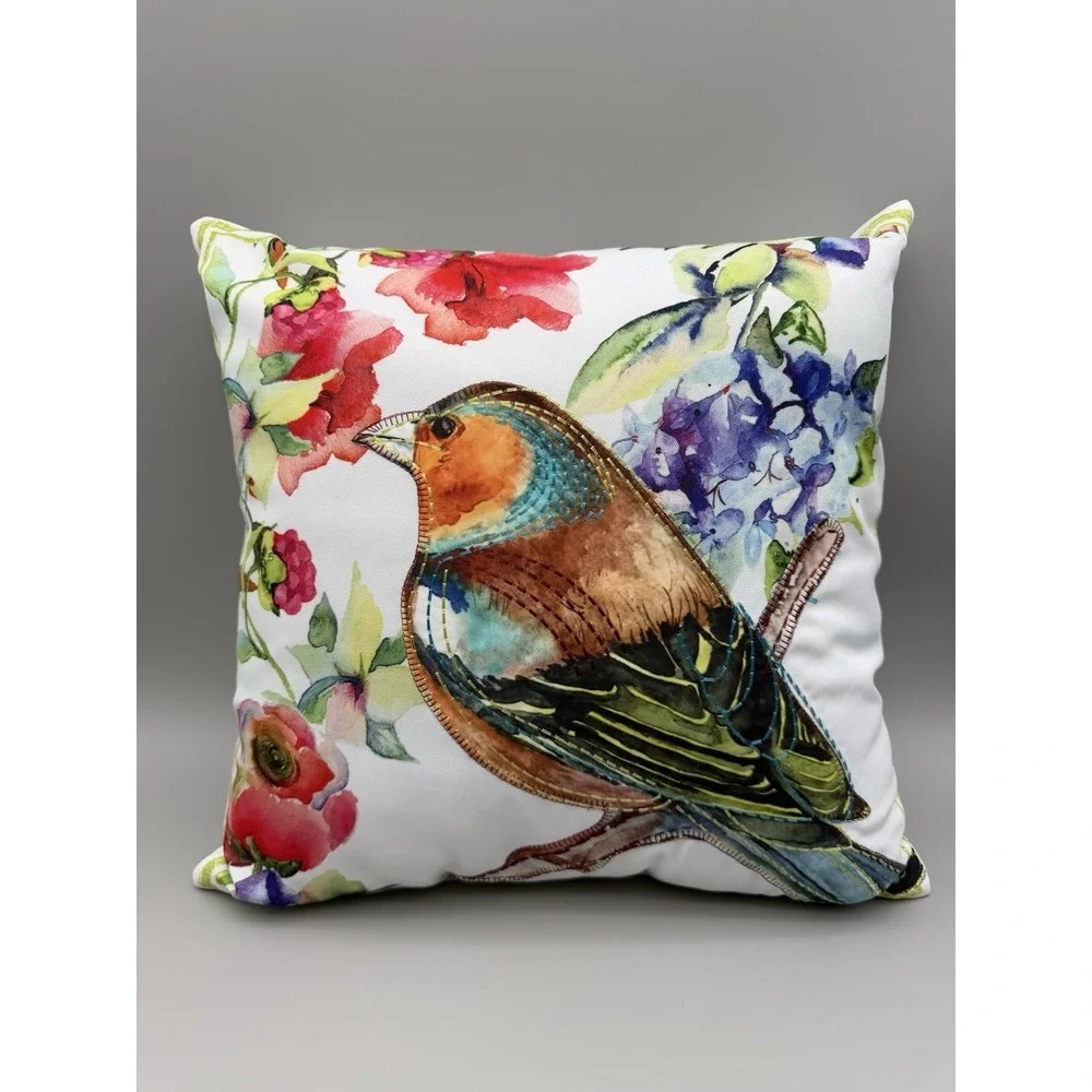 Pretty Birdie Embroidered Bird Floral Throw Pillow 17x17 Cottagecore Roses
